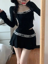 Voguable Dark Academia Y2k 2000s Aesthetic Rave Night Club Outfits 2 Piece Set Long Sleeve T-Shirts Crop Tops + Mini Pleated Skirts