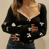 Voguable Sweet Multi-bow Jacquard Knit Pullovers and Cami Two Piece Set y2k Aesthetic Lace Patchwork Crop Top Suit