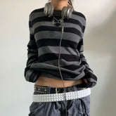 y2k Aesthetic T Shirt Grey Striped Long Sleeve Tops Gothic E Girl Punk Dark Academia Clothes Streetwear