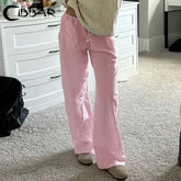 Drawstring Low Rise Pink Casual Pants y2k Basic See Through Pants y2k Aesthetic Straight Trousers for Korean Style