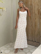 Elegant Heart Print Ribbed Maxi Dress Y2K Trend Square Collar Backless Robe Daily Casual Outfits