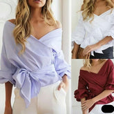Slim Off Shoulder Shirts Long Sleeve Bow Tie White Blouse Solid V-Neck Harajuku Tops Y2K Clothes