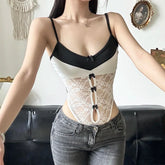 Voguable Korean Style Contrast Lace Patchwork Bodysuit Multi Bows Hollow Out Sleeveless Bodysuits Y2K Translucent Top