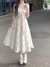 Japanese Kawaii Y2k Midi Dress Casual Sweet Bow Splicing Flower Print Dress Korean Evening Party