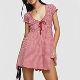 Y2k Gingham Playsuit Short Sleeve Smocked Babydoll Bodysuit Rompers Flowy A-Line Club Dress Retro Streetwear