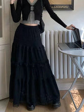 Elegant Lace Splicing Midi Skirt for Y2K High Waist Chic Hollow Out A Line Skirts Korean Solid All-Match Long Skirt