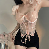INSCUTEE Kawaii Cute Pink Corset Camis Y2k Vintage Pastel Goth Soft Grunge Lace Patchwork Bow Crop Tank Tops Female