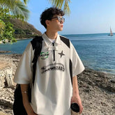 American Retro Short Sleeved Y2k Motorcycle Style Polo Collar Simple Versatile Loose Vintage Couple T-shirt Casual Top