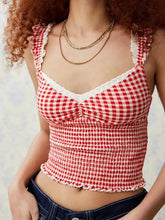 Gingham Tank Top Y2k Lace Trim Cami Top Sleeveless Plaid Camisole Coquette Shirts Cute Smocked Tops Streetwear
