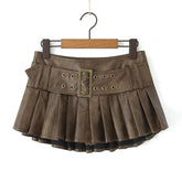 American Retro With Belt Pleated Mini Skirt Low Waist Brown Faux Leather Skirts Cool Girl PU Y2K saia