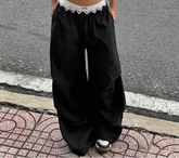 Contrast Lace Stitching Wide Leg Pants Streetwear y2k Low Rise Loose Black Trousers for Korean Baggy Capris