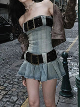Vintage Y2k Strapless Denim Dress Bodycon Korean Kpop Belt Pleated Mini Dress 2000s Streetwear