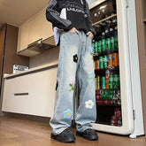 Y2K Vintage Flower Embroidered Jeans For High Street Baggy Straight Wide Leg Denim Pants Design Hip Hop Jean