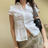 Vintage Folds Crop Top White Button Up Short Sleeve Blouse Bandage Korean T-shirt Casual Streetwear y2k Tee