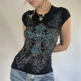 Goth T Shirts y2k Aesthetic Fairy Grunge Clothes Rhinestone Cross Wings Pattern Short Sleeve Tops Streetwear