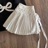 Y2K Lace Up Mini Skirts Korean High Waist Preppy Lace Patchwork Pleated Skirt Sweet Lolita A Line Faldas Mujer
