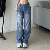 Harajuku printed Cargo Jeans Y2K Dark Blue brown High Waist Streetwear 90S Baggy Jeans Pants Straight wide leg jeans