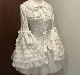 Vintage Lolita Style Shirts Gothic Y2k Bow Lace Ruffle Flare Long Sleeve Blouse Japanese Sweet Elegant Cute Tops