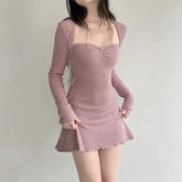 Cute Coquette Pink A-line Mini Dress Fairycore Sweet Full Sleeve Square Collar Short Dresses for y2k