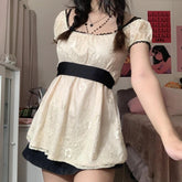 Sweet Girl Kawaii Lace Mini Dress Y2K Fairycore Grunge Patchwork Short Sleeve A-line Dress Vintage Holiday Streetwear