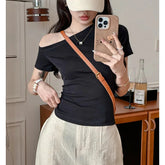 Solid Off Shoulder Short Sleeve T Shirt Simple Basic Single Sleeved Jumper Top Streetwear Slim Fit FeY2K Clothes Tees