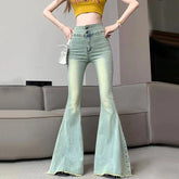 Y2K Vintage Raw Edge Flare Jeans Korean High Waist Slim Denim Pants Solid Hip Hop Streetwear All Match Wide Leg Trousers
