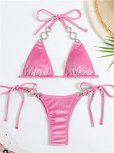 Voguable Triangle Bikinis Set Solid Pink Criss Cross Velvet Swimsuit Luxury Rhinestone Bathing Suit Metal Swimwear Y2K