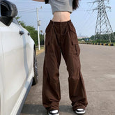 Y2K Brown Drawstring Cargo Pants Vintage Hip Hop Streetwear Baggy Pocket Wide Leg Trousers Casual Straight Pants