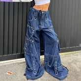 Y2k Bandage Cargo Jeans Punk Metal Blue Baggy Streetwear Pants Korean Grunge Aesthetic Jeans Stylish Vintage 90s