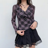 Voguable Y2K Plaid Double Layer Mesh Top Black Ruched V-neck T-shirts Fairy Grunge Long Sleeve Tops Vintage Sweet Bow Tees Fall