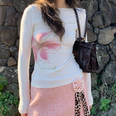 Fairy Coquette Top y2k Clothing Rhinestone Floral Print Round Neck Long Sleeve T Shirts 2000s Clothes Streetwear