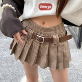 Y2K Low Rise Houndstooth Mini Skirt with Belt Woolen Pleated Mini Skirt Ladies Winter Outfit