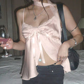Kawaii Bandage Lace Pink Camisole Sweet Patchwork Satin Crop Tops with Slit y2k Vintage Tank Tops Cute