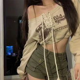 Deeptown Coquette Japanese Y2k Off Shoulder Sweatshirts Kpop Vintage Graphic Hoodies Korean Long Sleeve Beige Crop Outfits
