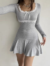 Voguable Lace Patchwork Knitted Mini Dresses Y2K Sweet Bow Bodycon Long Sleeve Pleated Dress Casual Korean Style