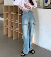 High Waist Ripped Straight Jeans Blue Denim Trousers Y2k Korean Clothing Streetwear Baggy Pants