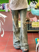 American Vintage High Waist High Street Style Blue Straight Jeans Pants Wide Leg Print Baggy Y2K Retro Denim Trouser