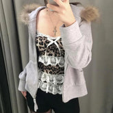 Voguable Y2K Leopard Print Lace Ruffle Patchwork Camis Brown Coquette Aesthetic Slim-fit Bow Tank Tops Cute Fairycore Vest Cute