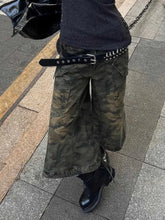 American Vintage Japanese 2000s Camo Jorts Jean Shorts Knee Length Denim Pants Y2k Streetwear Harajuku Punk Baggy