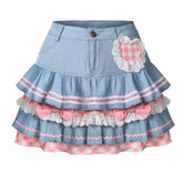 Y2k Kawaii Denim Skirt Mini Party Sweet Ball Gown Aesthetic High Waist Skirts 4 Layer Ruffle Cake Skirts E Girls Skater