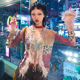 Grunge Tassel Shirt Y2k Aesthetics Mesh Tops Japanese Harajuku Blouses Cottagecore Print Irregular Shirt 2000s Vintage