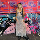 Lace Dresses y2k Sheer See Through Deep V Neck Hollow Out Bodycon Long Dresses Going Out Party Dresses