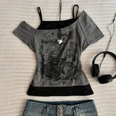 Y2k Slim Fit Print Tops Off Shoulder Short Sleeve Tee Shirt Neploe American Vintage Fake Two Piece Halter Lace Up T-shirts