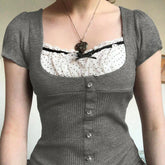 Voguable Ribbons Bow Contrast Patchwork T-shirt Y2K Aesthetic Button Up Frill Casual Basic Crop Top Kawaii Lolita Tops Cute Tees