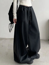 Black Pu Leather Pants Y2K Korean Elegant Drawstring Wide Leg Trousers High Waist Oversized Streetwear Trousers