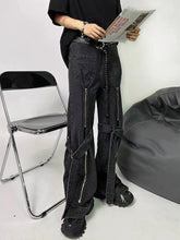 ReddaChic Acubi Pants Black Baggy Jeans with Zipper Slit 2-Strip Cyberpunk Y2k Grunge Goth Trousers Emo Streetwear