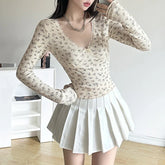 Voguable French Style Floral Print Knitted Tops Beige Color Lace Stitching V-neck Milkmaid T-shirt Cute Coquette Tees Y2K