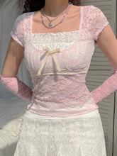 Voguable Bow Patchwork Lace Crop Top Y2K Aesthetic T-shirt Short Sleeve Kawaii Clothes Lolita Style Cute Pullovers Fairycore Tee