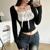 Voguable Sweet Contrast Pleated Satin Patchwork Cropped Top Coquette Slim-fit Knitted T-shirts Fall Y2K Tops Kawaii