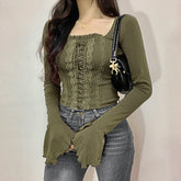 Voguable Vintage Lace Patchwork Bandage Cropped Top Green Brown Fairycore Grunge Square Collar T-shirts Y2K Tops Elegant Tops